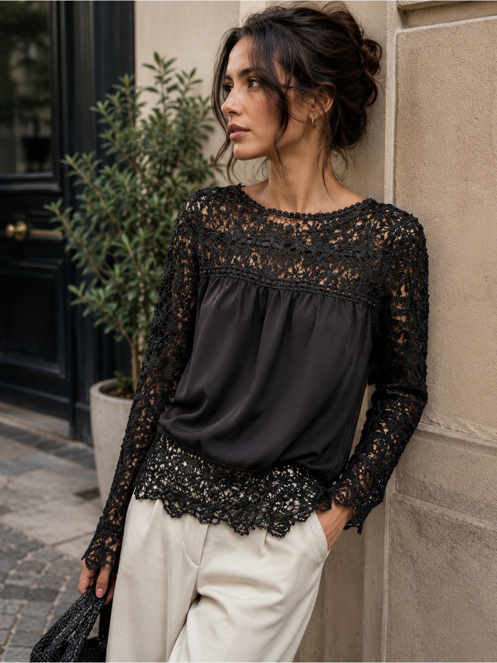 Black Crochet Lace Sheer Boho Blouse Long Sleeve Floral Lace Top
